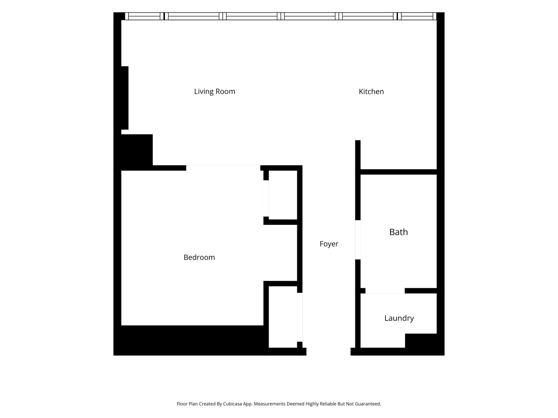 Floor plan of 201 Parkdale Ave Unit 1004 — living room, kitchen, bedroom, bath, foyer and laundry